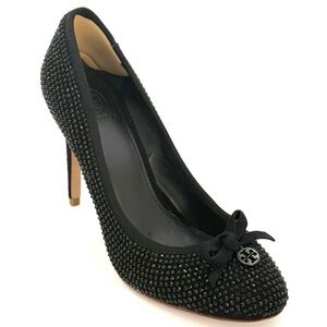 Tory Burch Phoenix Black Suede Evening Pumps Women’s 9M Rhinestone Lux Glam